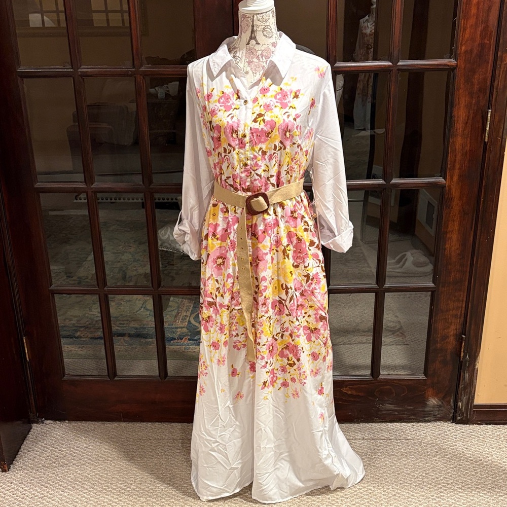 Truth NYC White Maxi Dress with Pink and Yellow Floral Print